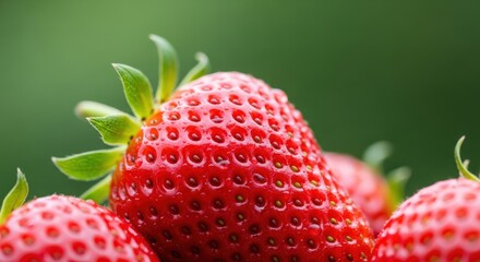Fresh red strawberries with green leaves on a blurred background.