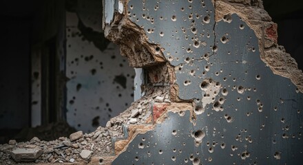 Damaged wall with bullet holes, destruction and war concept.