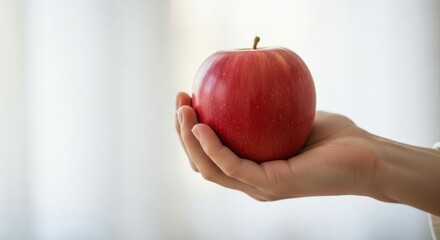 Hand holding a red apple, healthy food concept.