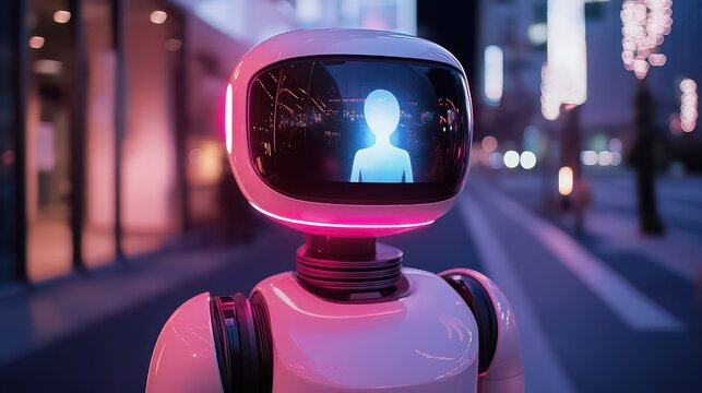 A futuristic robot with a screen displaying a human figure standing on a city street at night