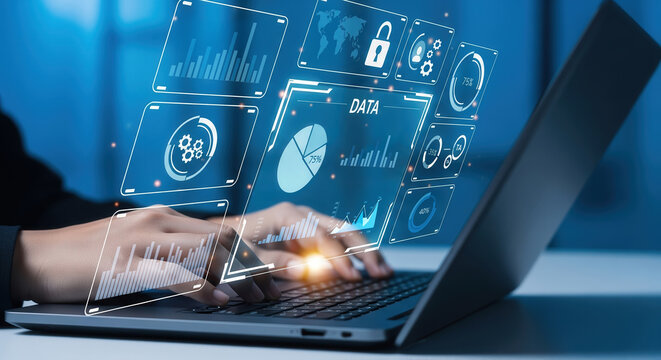 Data analyst working on a laptop with a digital dashboard showing AI-driven analytics, KPI, finance charts, and database-connected metrics for business insights.