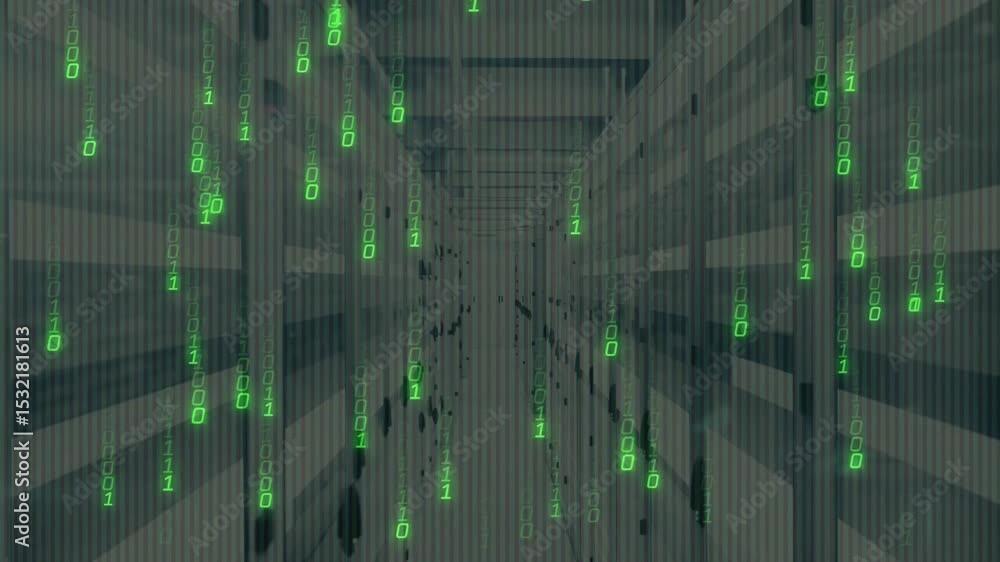 Poster on startup green binary digits drifting downward over server racks visualizing live data flow