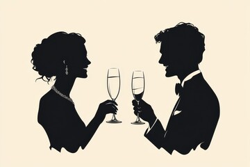 Celebration of love and joy during an elegant evening event featuring a couple toasting with champagne in formal attire