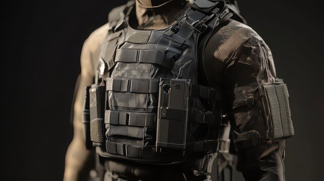 A close up of a person wearing a tactical vest with pouches and molle webbing in a dark setting - Powered by Adobe
