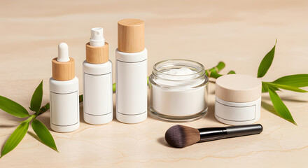 A collection of eco-friendly skincare products with wooden caps, alongside a makeup brush, set against a natural, light background.