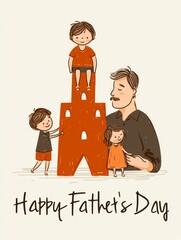 Joyful Cartoon Illustration for Father's Day Card Featuring Kids and Dad Building Together
