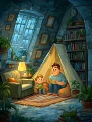 Heartwarming Cartoon Fathers Day Card Design Featuring Father and Child in Cozy Setting