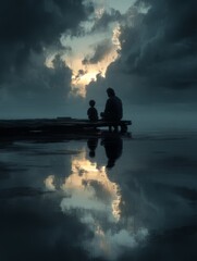 Serene Moment Between Father and Child at Dusk by the Water Reflection