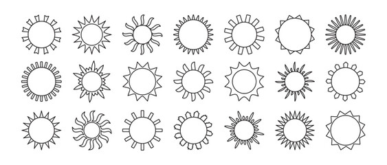 Sun line icon, summer ray outline design, sunrise circle sign. Light shine draw doodle, black simple shape morning burst collection isolated on white background. Glow star. Weather vector illustration
