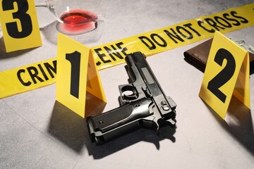 Forensic expertise. Crime scene with evidence, markers and police tape on light grey background,...
