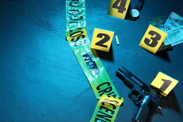 Forensic expertise. Crime scene with evidence, markers and police tape on blue background, flat...