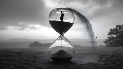 Black and white conceptual artwork depicting time passing with figure in hourglass.