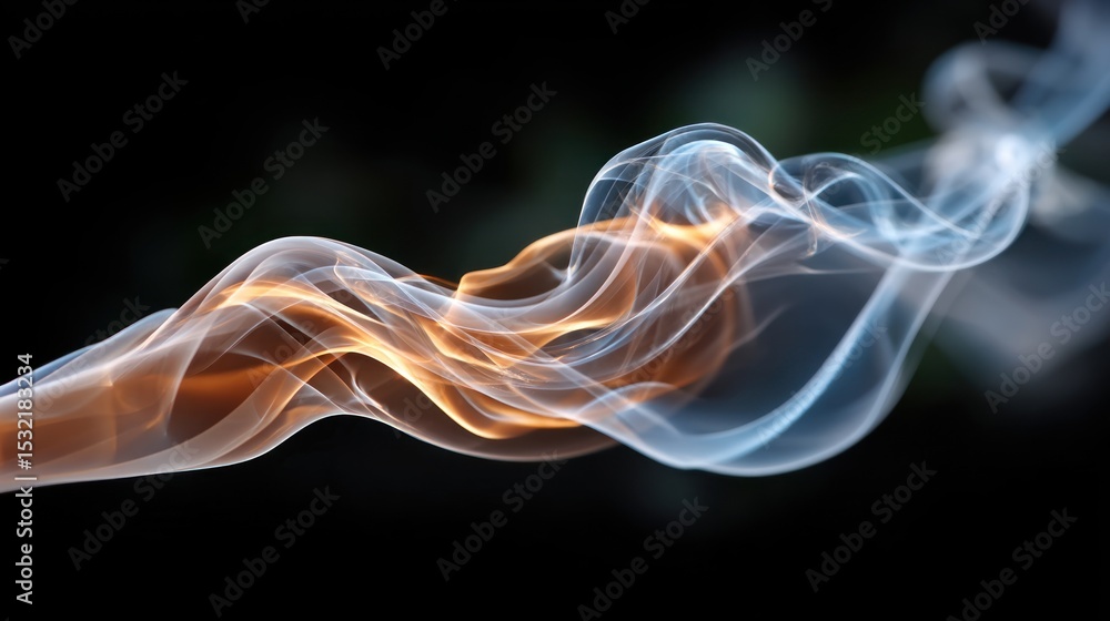 Poster abstract of swirling orange and blue smoke against a black background the smoke forms flowing wave l