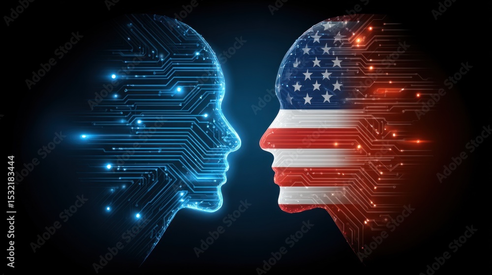 Poster ai and usa flag digital head profiles facing each other circuit board design