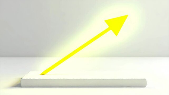 A large yellow arrow points upward at an angle, positioned on a white rectangular block against a plain background.