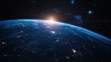 Fototapeta premium Earth from space with city lights visible and sunrise on the horizon and stars in the background