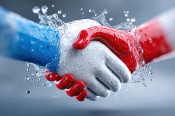 Water Droplets on Hands in Red White and Blue Shaking Hands Handshake Collaboration
