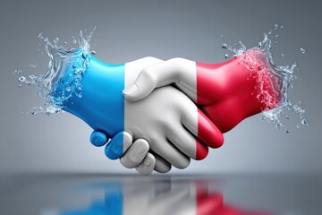 French and white handshake with water splash 3D rendering of clasped hands French flag colors water droplets