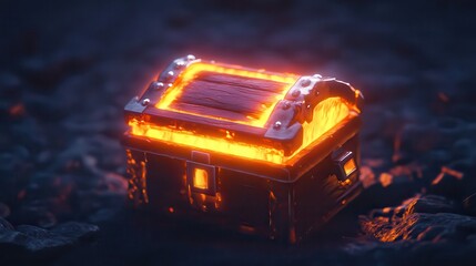 A glowing treasure chest with metal accents sitting on a dark textured surface in a dim environment
