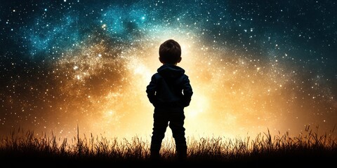 Child standing in tall grass gazing at a vibrant night sky filled with stars and galaxies