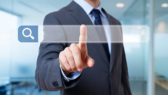 A businessman clicks a search bar icon on a transparent screen interface, searching for information online