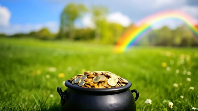 Black pot overflowing with gold coins in a green field under a bright colorful rainbow in the distance outdoors on a sunny day