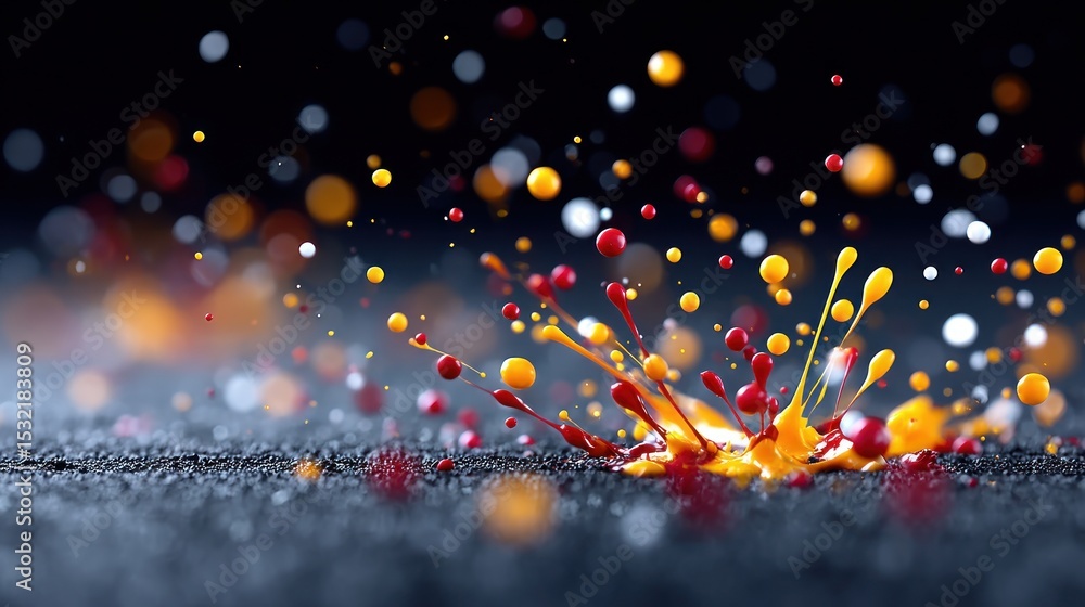 Aufkleber red and yellow paint splash explosion on dark surface vibrant color droplets in motion