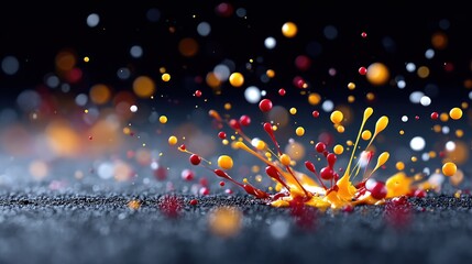 Red and yellow paint splash explosion on dark surface vibrant color droplets in motion