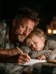 Heartwarming Moment of Father Writing in Journal with Sleeping Child in Cozy Setting