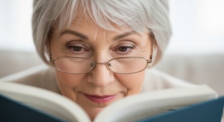Elderly woman reading a book with glasses indoors, close up.