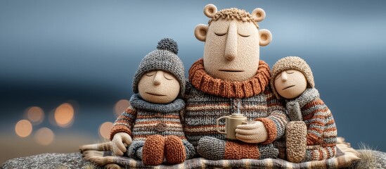 Charming 3D Clay Figurines of Dad Cuddling Kids on a Cozy Picnic Blanket