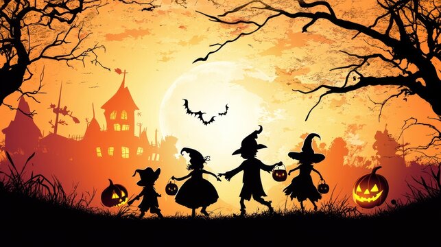 Halloween silhouettes of children trick-or-treating - Powered by Adobe