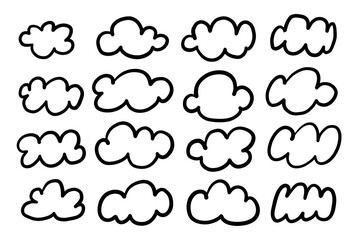 Bold Line Art Puffy Cloud Shape. A playful collection of cartoon style puffy cloud outlines with rounded thick contours and bold strokes. Perfect for weather icons kids graphics and whimsical decor