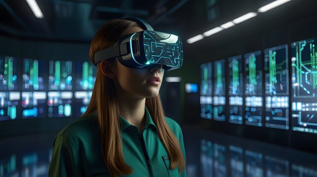 Woman exploring virtual reality vr metaverse simulation augmented reality futuristic world