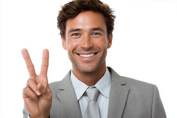 Businessman celebrating success with victory sign against a clean white background showcasing confidence and positivity