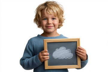 Child proudly displaying a chalkboard drawing of a cloud against a white background