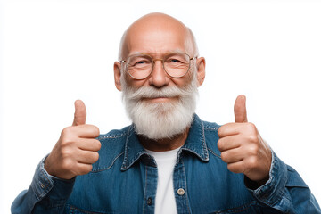 Happy elderly man with thumbs up expressing joy against a white background
