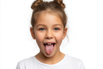 Young girl enthusiastically sticking out her tongue and making a silly face against a white background