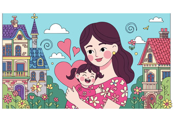 Mother and child illustration expressing joy, surrounded by colorful houses and floral elements