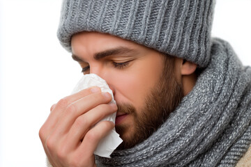 Man wearing a scarf sneezes into a tissue against a white background during flu season