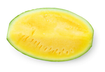 Slice of tasty yellow watermelon isolated on white, top view