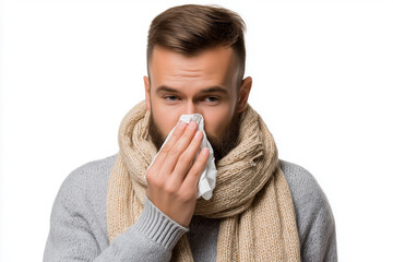 Man in scarf sneezing into tissue on white background, highlighting the effects of cold weather or allergies