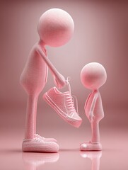 3D Clay Father and Child Tying Shoes in a Playful, Artistic Representation