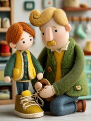 Father Tying Child's Shoes in Playful 3D Clay Art Scene at Home