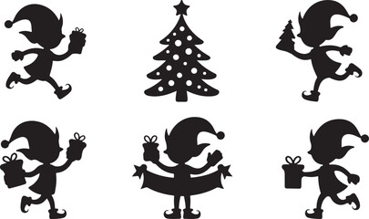 Christmas Elf Silhouette Ensemble, a Whimsical Holiday Art Design, Ideal for Festive Workshop Decor and Elf Magic Illustration