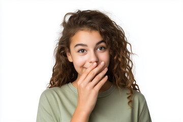 Teen girl joyfully whispering a secret against a plain white background