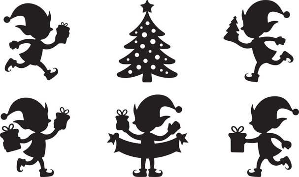 Christmas Elf Silhouette Ensemble, a Whimsical Holiday Art Design, Ideal for Festive Workshop Decor and Elf Magic Illustration