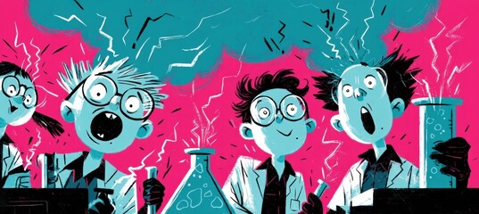Cartoon Kids Conduct Exciting Science Experiment with Bubbling Beakers