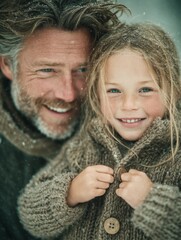 Heartwarming Portrait of a Father and Daughter Enjoying a Snowy Day Together