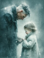 Heartwarming Portrait of a Father and Child in a Snowy, Dreamlike Setting